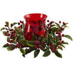 Nearly Natural 4818 6.5" Artificial Green & Red Holly Berry Candleabrum