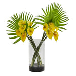 Nearly Natural Calla Lily and Fan Palm Artificial Arrangement in Cylinder Glass