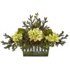 Nearly Natural 1975 20" Artificial Green Cymbidium Orchid, Artichoke, Pine & Berries Arrangement in Planter
