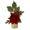 Nearly Natural 21``Poinsettia, Berries and Pine Artificial Arrangement in Gold Vase