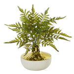 Nearly Natural 8953 14" Artificial Green Fern Plant in Gold & Cream Elegant Vase
