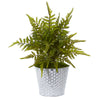 Nearly Natural 8927 14" Artificial Green Fern Plant in Embossed White Tin Planter