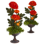 Nearly Natural A1268-S2 18" Artificial Green & Red Mum & Cactus Arrangement in Metal Chalice, Set of 2