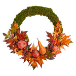 Nearly Natural W1049 20`` Autumn Pumpkin, Gourd and Fall Maple Leaf Artificial Wreath