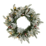Nearly Natural 20`` Flocked Mixed Pine Artificial Christmas Wreath with 50 LED Lights, Pine Cones and Berries