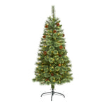 Nearly Natural 5`White Mountain Pine Artificial Christmas Tree with 200 Clear LED Lights and Pine Cones