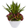 Nearly Natural P1297 18" Artificial Green & Red Sansevieria & Succulent Plant in White Bowl
