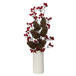 Nearly Natural 23``Pinecone and Berries Artificial Arrangement in White Vase