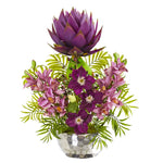 Nearly Natural 1988 24" Artificial Green & Purple Cymbidium Orchid & Mixed Floral Arrangement in Silver Vase