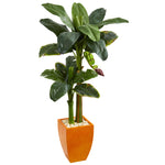 Nearly Natural 5794 5.5' Artificial Green Double Stalk Banana Tree in Orange Planter