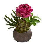 Nearly Natural A1256 12" Artificial Green & Pink Peony & Succulent Arrangement in Stone Vase