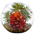 Nearly Natural 8457 6" Artificial Green & Red Succulent Plant in Round Vase