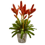 Nearly Natural 1706 27" Artificial Green & Red Tropical Bromeliad Arrangement in Weathered Planter