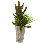 Nearly Natural 8250 21" Artificial Green Succulent & Grass Garden Plant in Weathered Planter