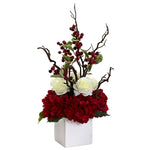 Nearly Natural 1386 23.5" Artificial Red & White Holiday Cheers Arrangement with Glass Vase