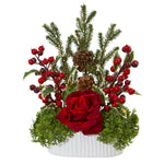 Nearly Natural A1072 14" Artificial Green & Red Rose, Holly Berry, Pine & Pinecone Arrangement in White Vase