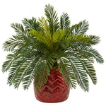 Nearly Natural 6307 15" Artificial Green Cycas in Red Ceramic Planter