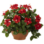 Nearly Natural 6735 20" Artificial Green & Red Hibiscus Plant with Clay Planter