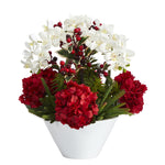 Nearly Natural 18`` Phalaenopsis Orchid, Hydrangea, Cactus and Holly Berry Artificial Arrangement in Vase