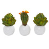 Nearly Natural 8633-S3 8" Artificial Green Artichoke & Cactus Plant in White Planter, Set of 3