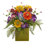 Nearly Natural 1552 14" Artificial Mixed Floral Arrangement in Green Vase, Multicolor