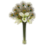 Nearly Natural 36`` Peacock and Calla Lily Artificial Arrangement in Cylinder Glass