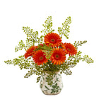 Nearly Natural Gerber Daisy and Maiden Hair Artificial Arrangement in Vase