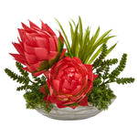 Nearly Natural A1188 16" Artificial Green & Red Succulent & Floral Arrangement in Decorative Vase