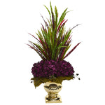 Nearly Natural Grass & Hydrangea Artificial Arrangement in Gold Urn