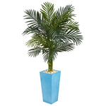 Nearly Natural 5787 5' Artificial Green Golden Cane Palm Tree in Turquoise Tower Vase