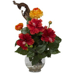 Nearly Natural Hibiscus & Ranunculus w/Fluted Bowl Silk Flower Arrangement