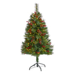 Nearly Natural 4` Mixed Pine Artificial Christmas Tree with 100 Clear LED Lights, Pine Cones and Berries