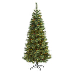 Nearly Natural 6` White Mountain Pine Artificial Christmas Tree with 300 Clear LED Lights and Pine Cones