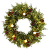 Nearly Natural 24`` Christmas Artificial Wreath with 50 White Warm Lights, 7 Globe Bulbs, Berries and Pine Cones