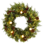 Nearly Natural 24`` Christmas Artificial Wreath with 50 White Warm Lights, 7 Globe Bulbs, Berries and Pine Cones