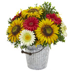 Nearly Natural 1881 16" Sunflower & Gerber Daisy Artificial Arrangement in Metal Bucket