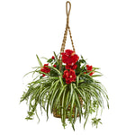 Nearly Natural 8381 31" Artificial Green & Red Hibiscus & Spider Plant in Hanging Basket