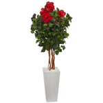 Nearly Natural 5836 5' Artificial Green & Red Hibiscus Tree in White Tower Planter