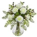 Nearly Natural Roses & Maiden Hair Artificial Arrangement in Glass Vase