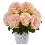Nearly Natural 15`` Peony Artificial Arrangement in Embossed White Vase