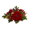 Nearly Natural 4270 Artificial Red Poinsettia, Berry & Golden Pine Cone Candelabrum Silk Arrangement