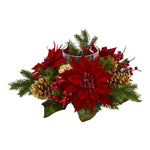 Nearly Natural 4270 Artificial Red Poinsettia, Berry & Golden Pine Cone Candelabrum Silk Arrangement