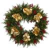 Nearly Natural 20`` Cedar Berry and Metallic Eucalyptus Artificial Wreath