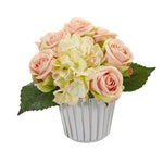 Nearly Natural 1926 8" Artificial Pink Rose & Hydrangea Bouquet in White & Silver Trimmed Vase