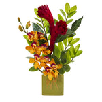 Nearly Natural A1246 22" Artificial Cymbidium Orchid, Ginger & Zamioculcas Arrangement in Green Vase, Multicolor
