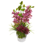 Nearly Natural 1982 22" Artificial Green & Pink Cymbidium Orchid, Agave & Thistle Arrangement in Vase