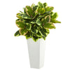 Nearly Natural 6371 32" Artificial Green Real Touch Variegated Rubber Plant in White Tower Planter