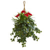 Nearly Natural 8397 31" Artificial Green Mixed Anthurium Plant in Hanging Basket