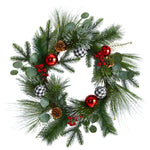 Nearly Natural W1270 24`` Pinecone Artificial Christmas Wreath with Ornaments