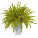 Nearly Natural 8925 14" Artificial Green Fern Plant in Embossed White Planter